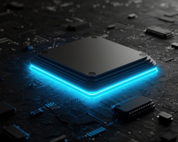 Futuristic processor and circuit illustration representing platform engineering.