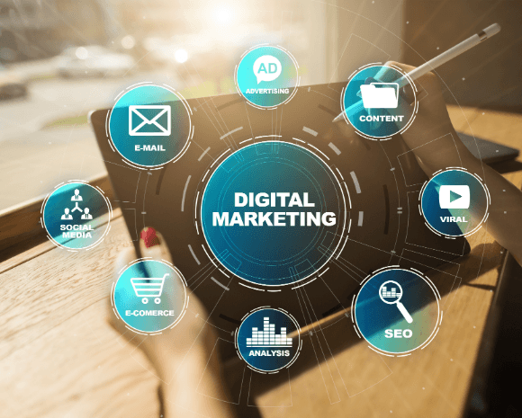 Hands using a tablet with a digital marketing interface.