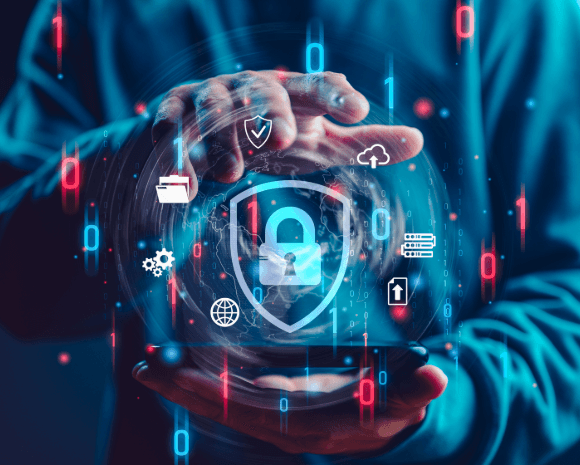 Holographic security shield with lock icon representing cybersecurity and data protection.